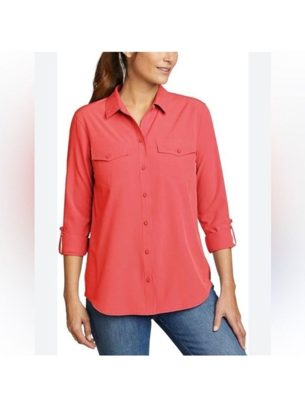 Eddie Bauer Womens XL Coral Button-Up Shirt With 3/4 Sleeves & Front Pockets